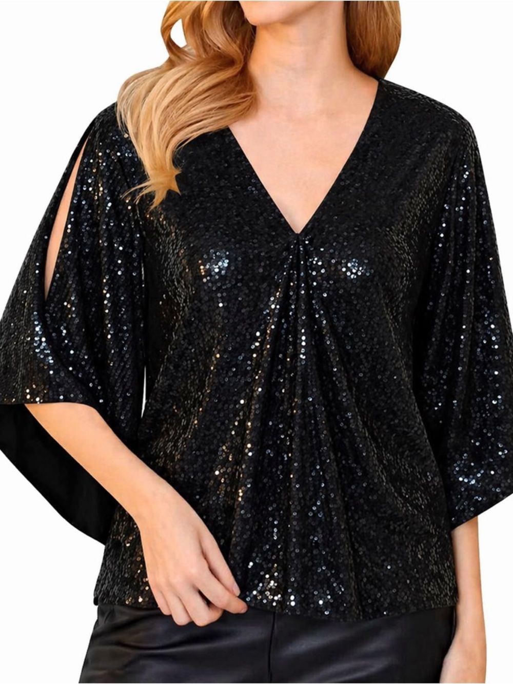 Cable & Gauge Sequin Bell Sleeve Cutout Top, Black, NWT